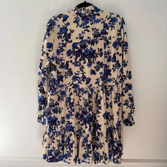 Sezane women's Floral Soledad dress Tiered Mini Dress Blue Cream size 12 (44) - Picture 6 of 9